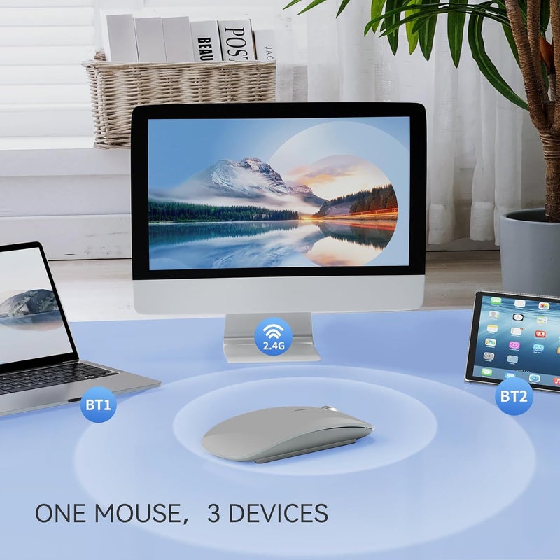 TENMOS M18 Bluetooth Mouse, USB C Rechargeable Wireless Mouse, Triple Mode (Dual Bluetooth+USB) Computer Silent Mice Portable with USB Receiver and Type C Adapter for Laptop/MacBook/iPad/PC - Grey - Image 3